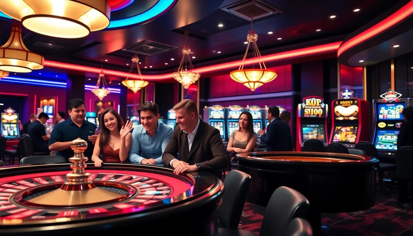 KJC Global poker players enjoying a thrilling casino experience with vibrant lighting and elegant decor.