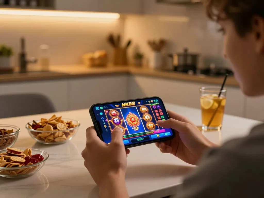 Person excitedly playing NK88 mobile casino app, showcasing engaging slot game