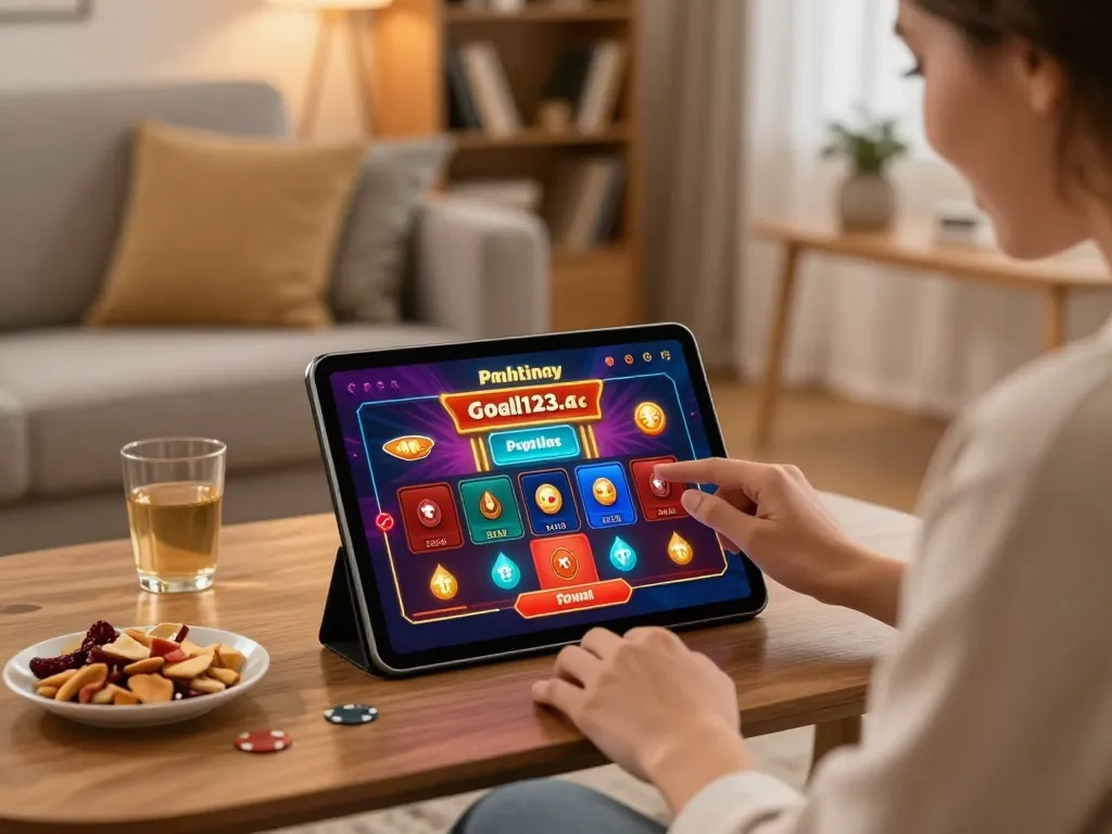 Playing online casino games at home on a tablet in a cozy environment at https://goal123.ac/ while enjoying snacks and drinks.