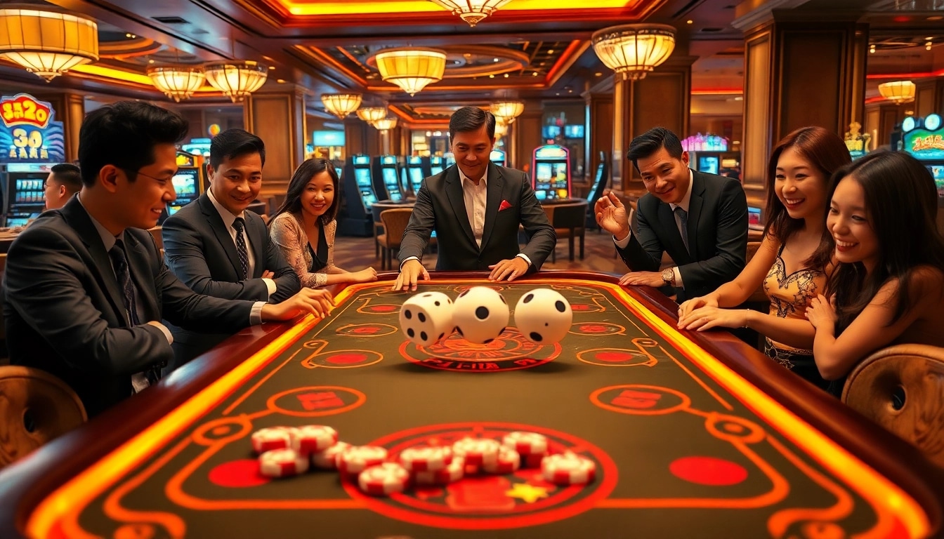 Players enjoying an intense game tài xỉu at a luxurious casino table with vibrant chips and dice.