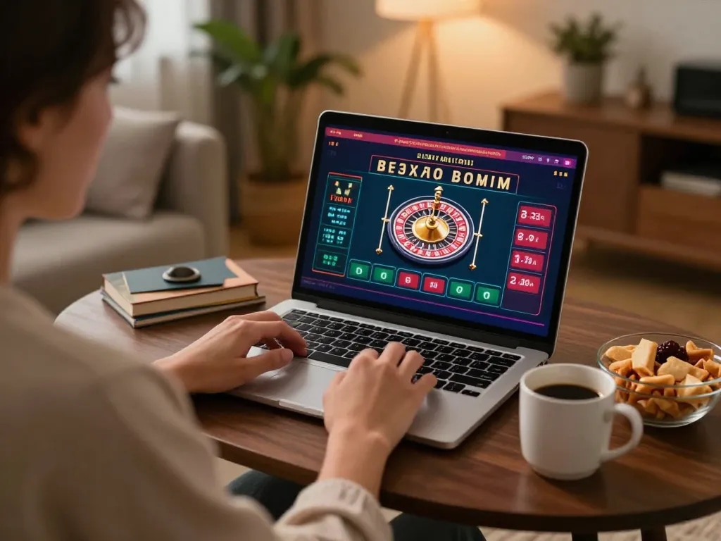 Engaging player experiencing go8 online casino with live dealer roulette in cozy home setting.