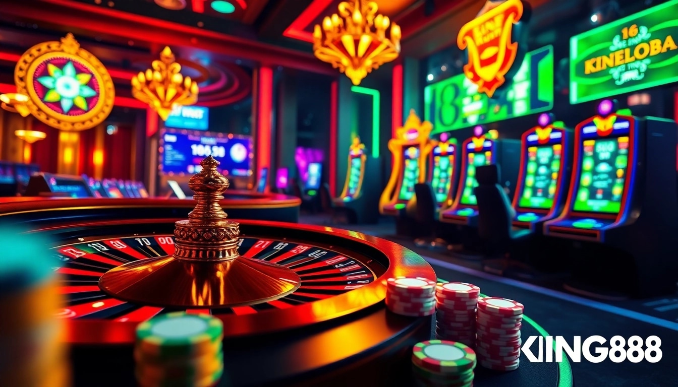 Engaging scene showcasing the thrill of online gambling at link KING88 with vibrant casino elements.