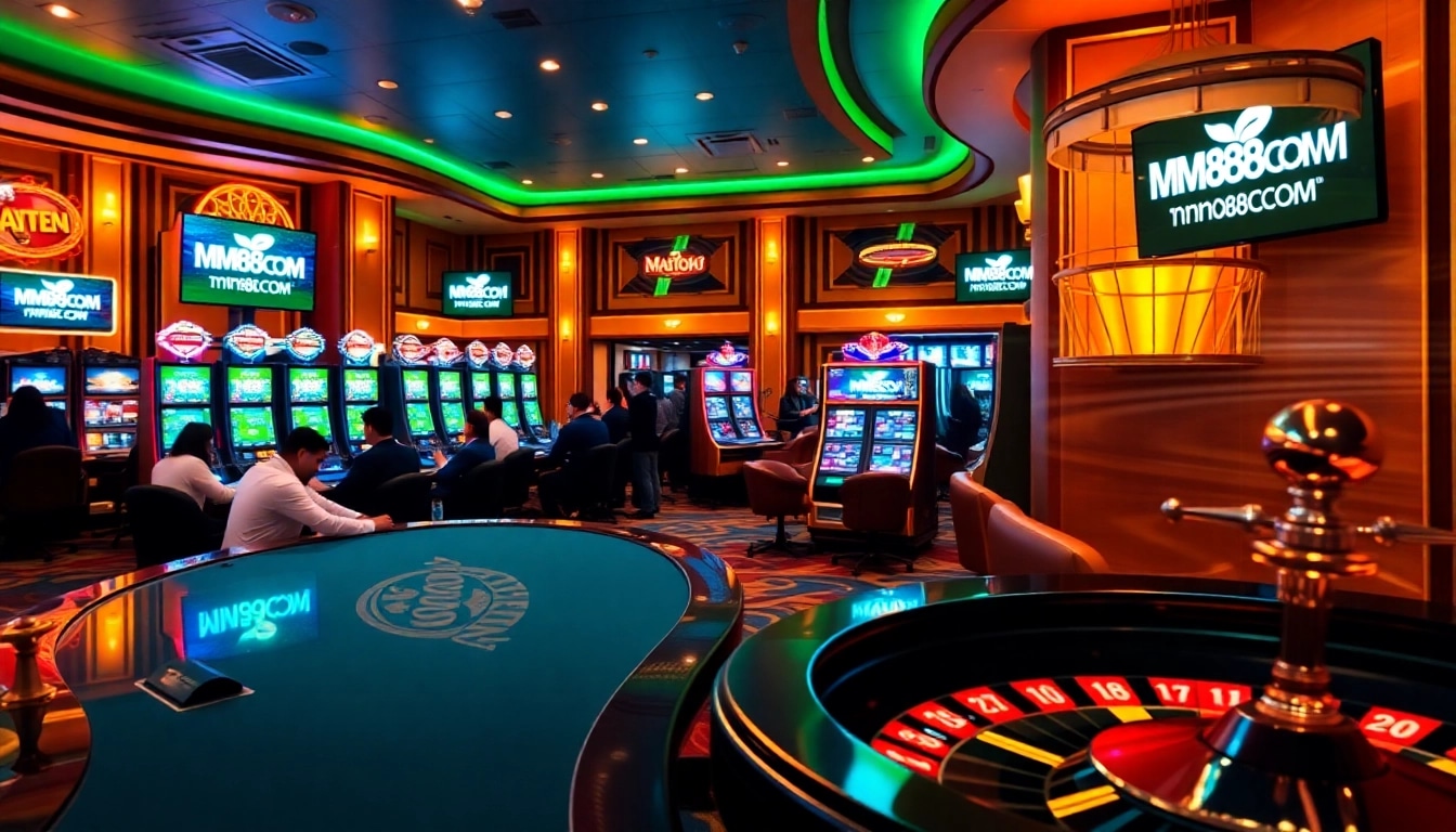 Engaging gamblers at MM88COM with lively casino tables and vibrant slot machines.