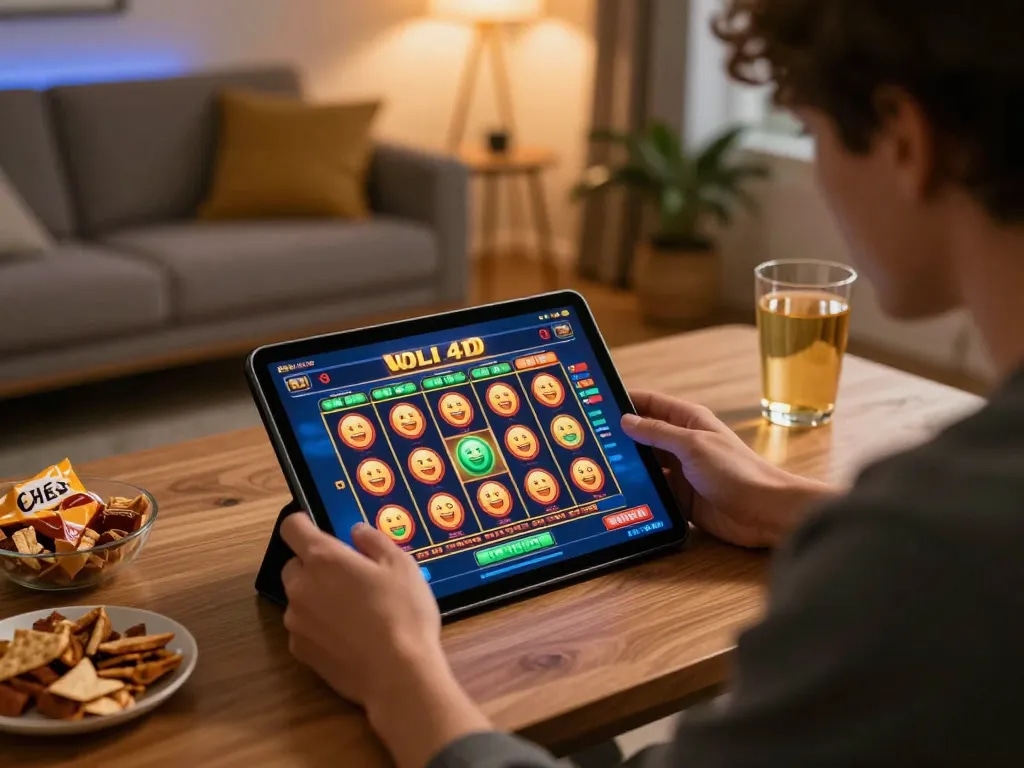 Engaging scene of a player immersed in oli 4d slot game on a tablet at home