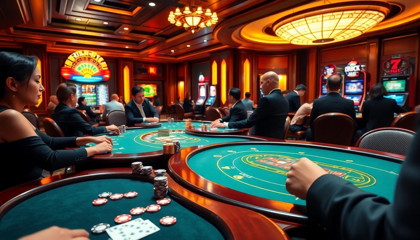 Engage in the excitement of 68 game bài at a vibrant casino with poker tables and roulette.