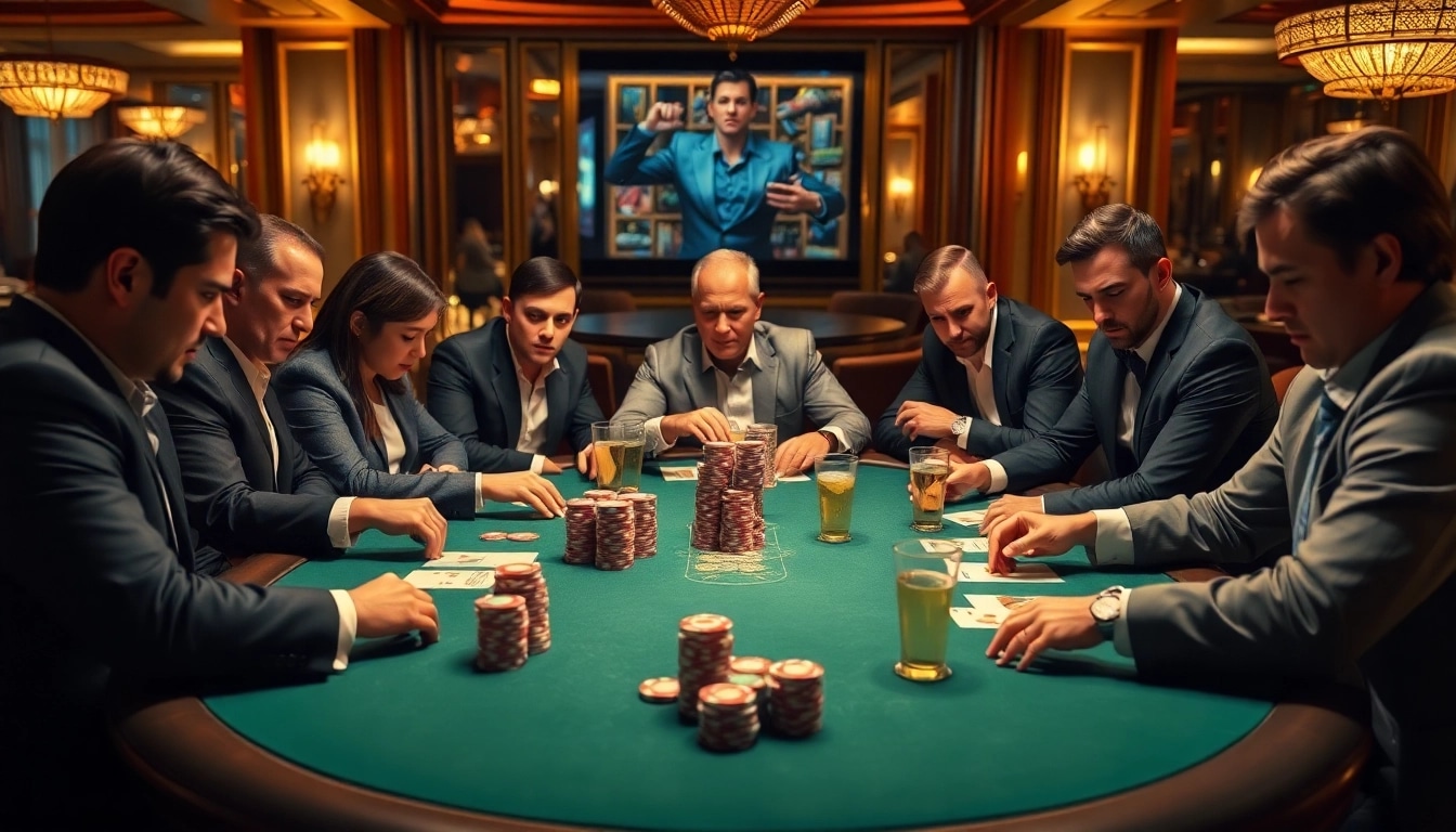 Engaged players in a thrilling poker game, showcasing intense concentration and strategic gameplay.