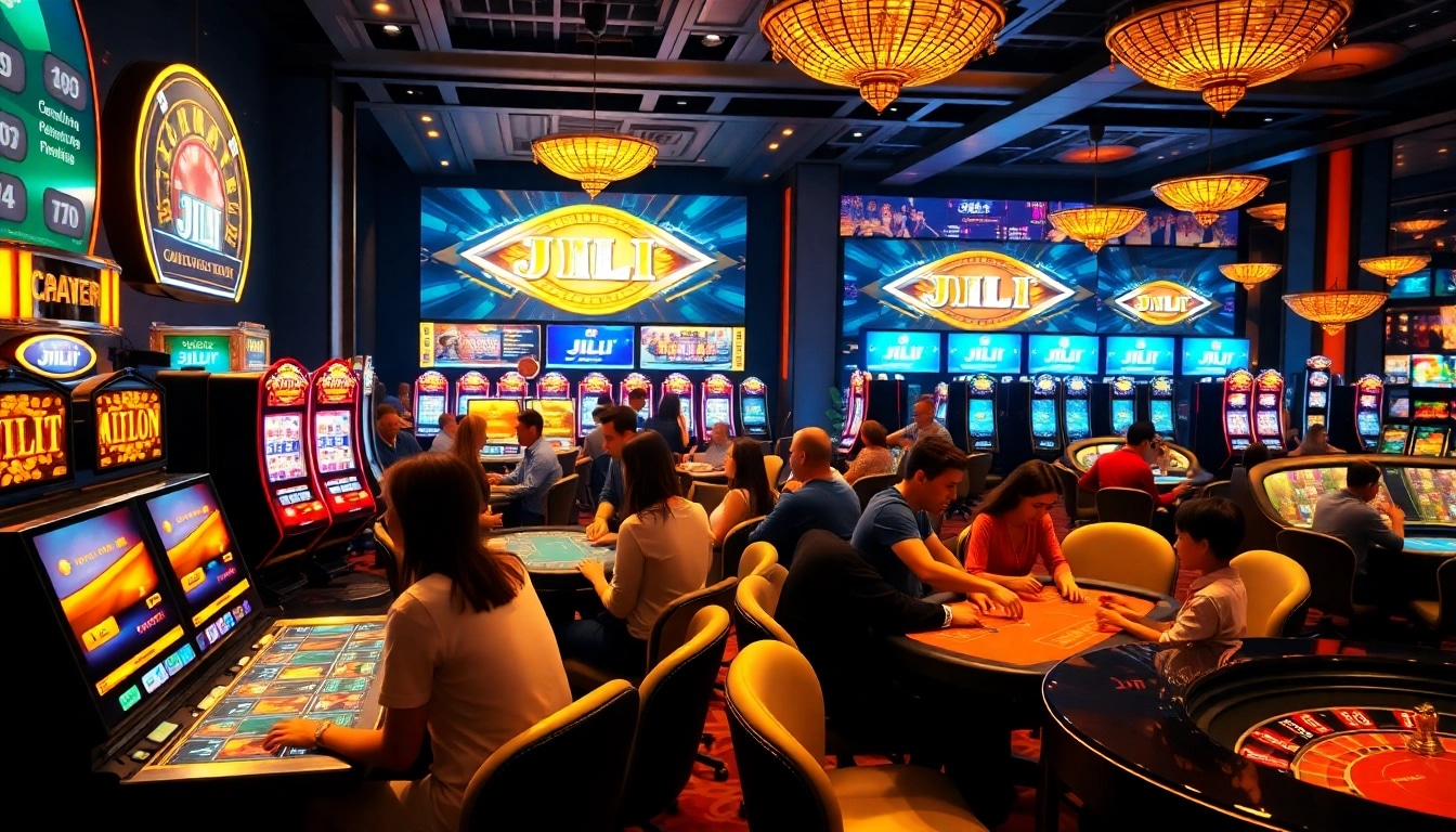 Engaged gamblers playing JILI slots at a luxurious casino with vibrant lighting and excitement.