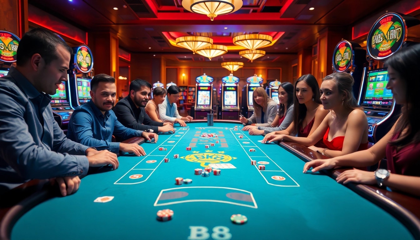 Players enjoying a thrilling BK8 gaming experience at a luxurious casino table with vibrant chips and cards.