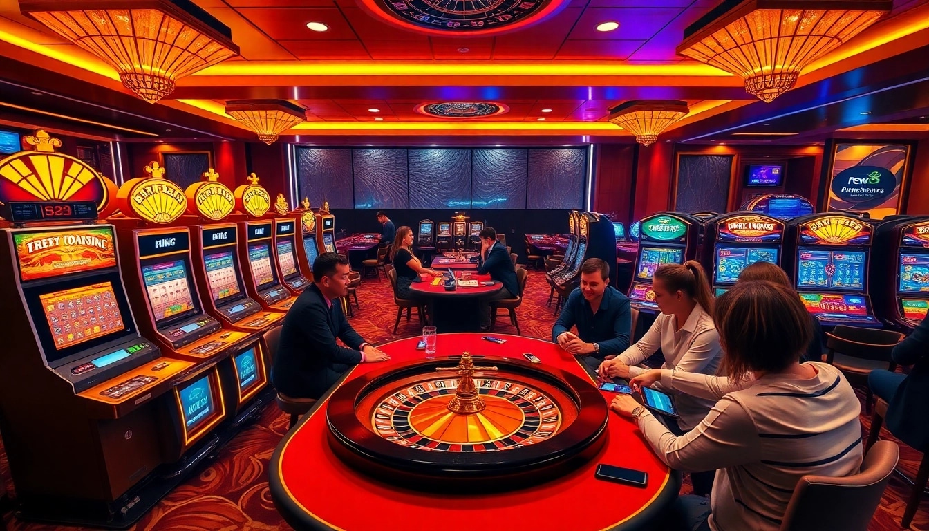 Experience the excitement of new88 with players enjoying a lively casino atmosphere featuring poker and slot machines.