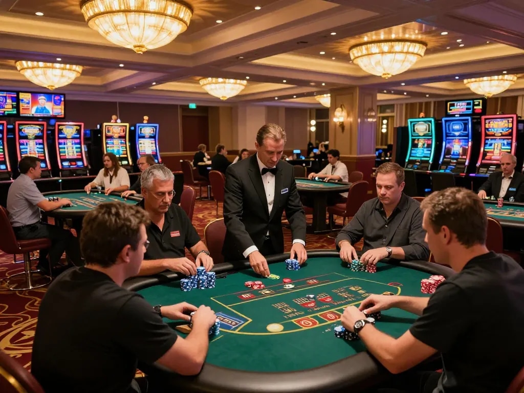 Players enjoying Go88 games at a vibrant casino floor with lively gameplay and an exciting atmosphere.