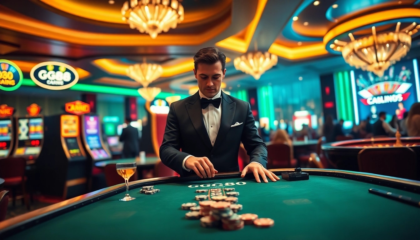 Betting at the luxurious GG88 casino table with vibrant slot machines and a professional dealer.