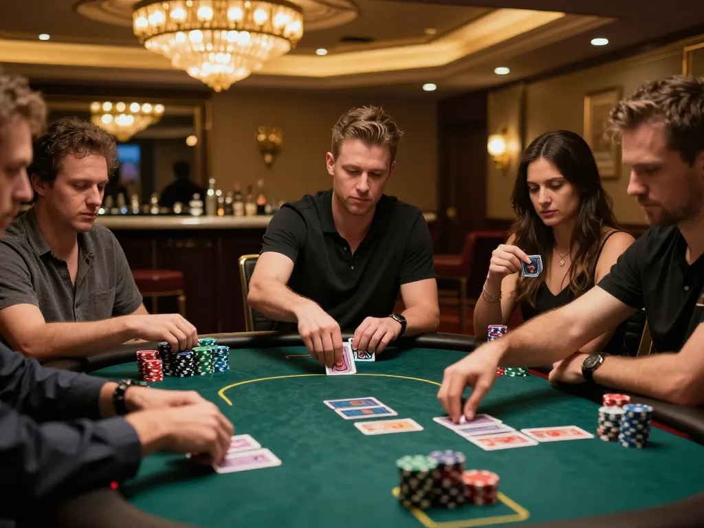 Players engaged in an intense poker game at an upscale casino, showcasing thrilling bl555 gameplay.