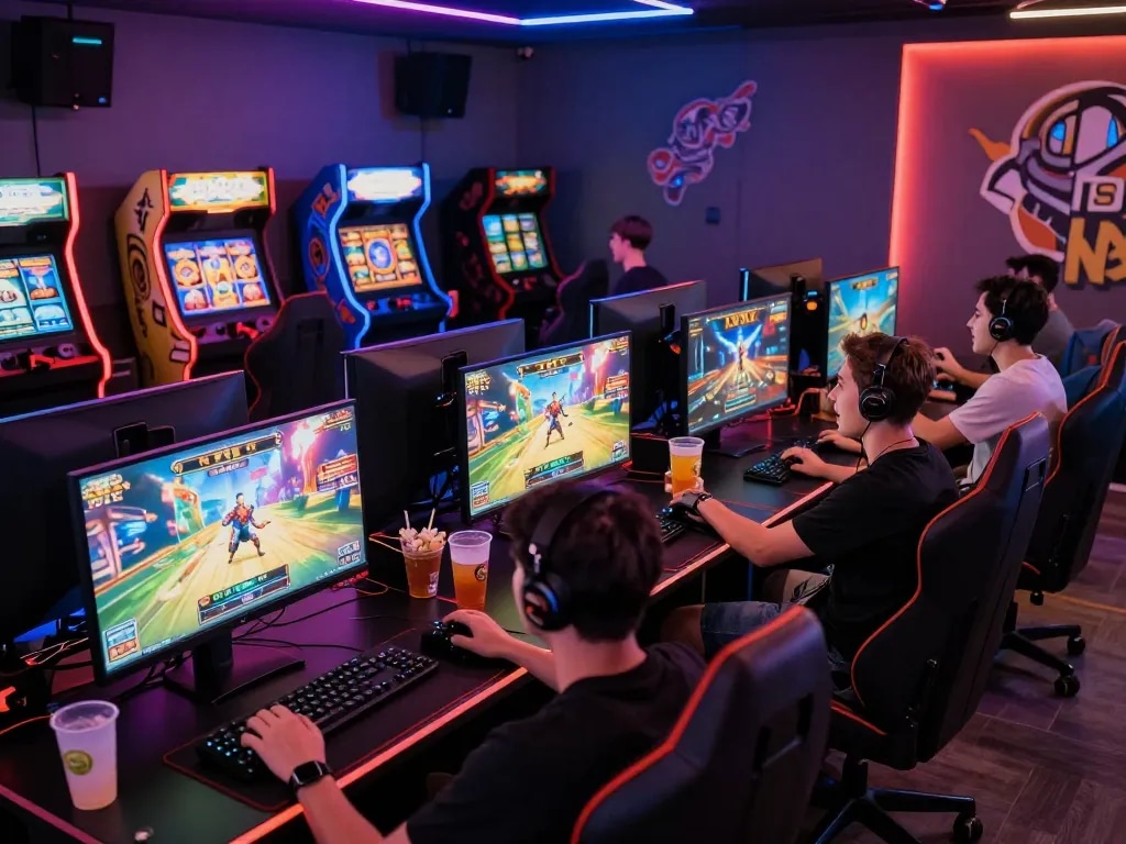 Thrilling gaming lounge with players engaged in slot games, showcasing link gacor excitement.