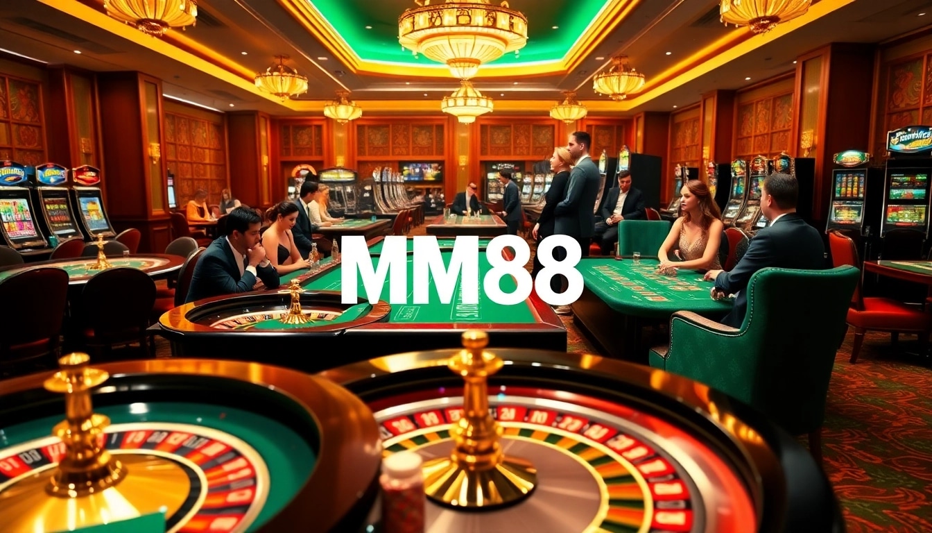 Experience the thrill of MM88 at an upscale casino with lively gaming tables and vibrant atmosphere.