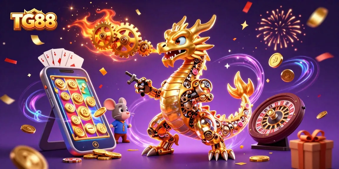 Experience the thrill of TG88 with a vibrant 3D casino scene of games and rewards.