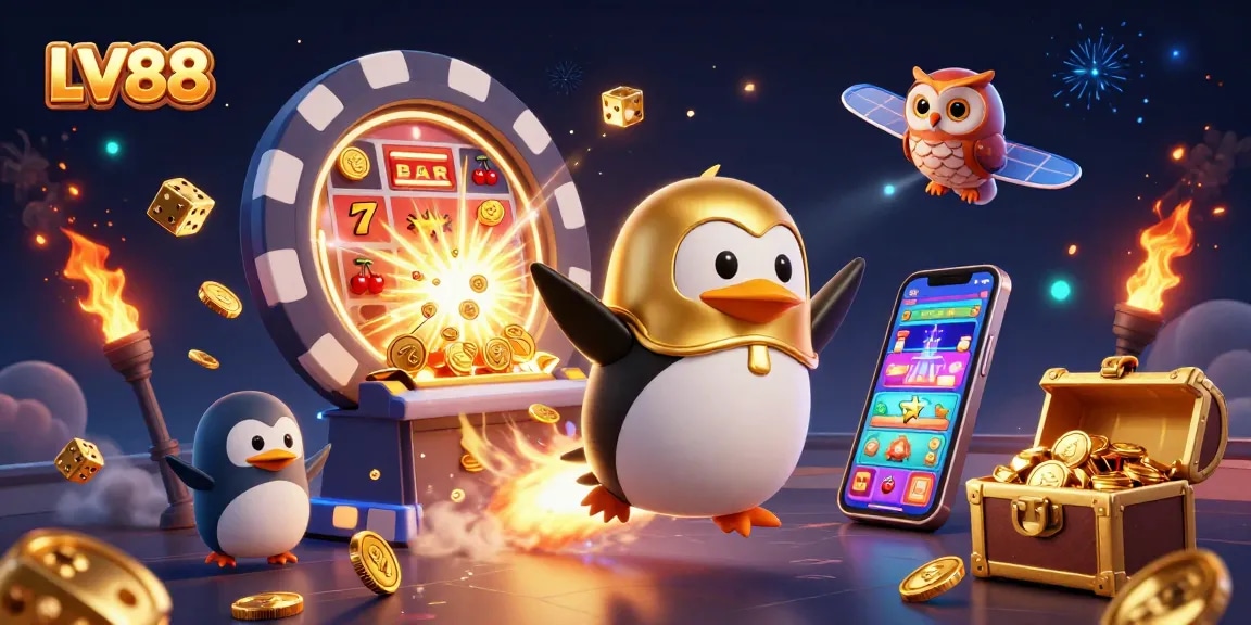 Experience the engaging atmosphere of LV88 with a golden penguin and vibrant casino elements lighting up the scene.