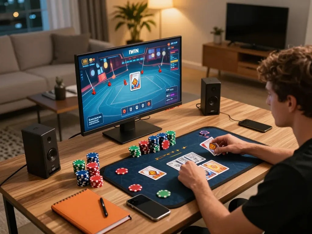 IWIN player enjoying a strategic card game in a stylish home gaming setup.