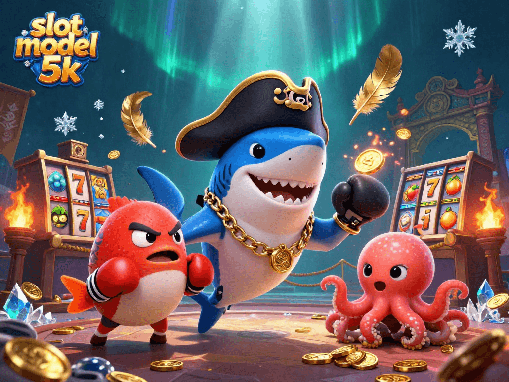 Engage with slot modal 5k as the pirate shark and friends celebrate wins amid dynamic casino elements.
