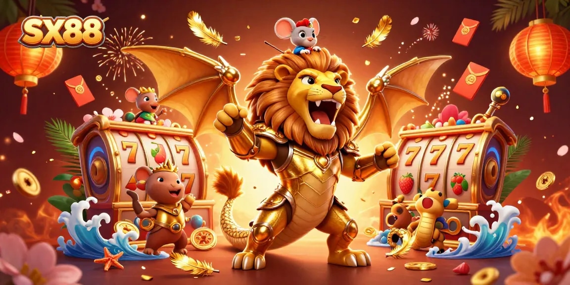 SX88 players indulge in exciting slot games featuring golden chimera, vivid coins, and lanterns.