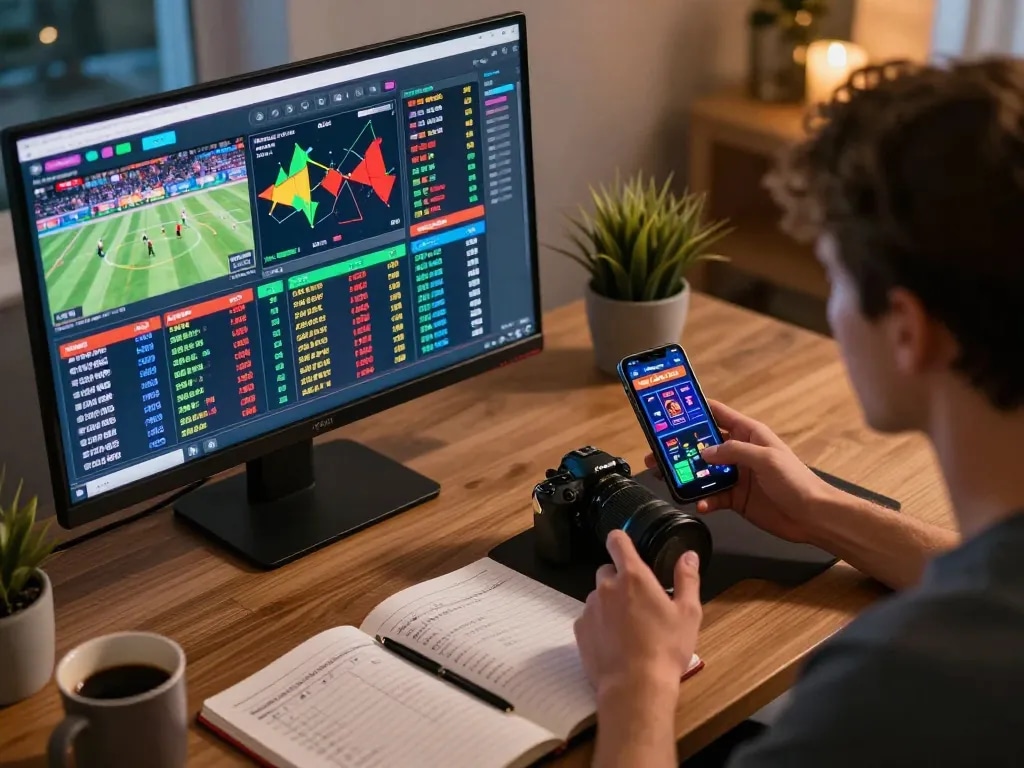 Engaging in online sports betting with MPOSPORT, showcasing live event screens and betting strategies.