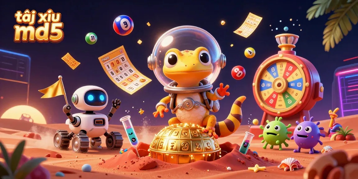 Tài xỉu md5 highlights an engaging 3D illustration showcasing vibrant casino elements and characters amid dynamic lottery excitement.