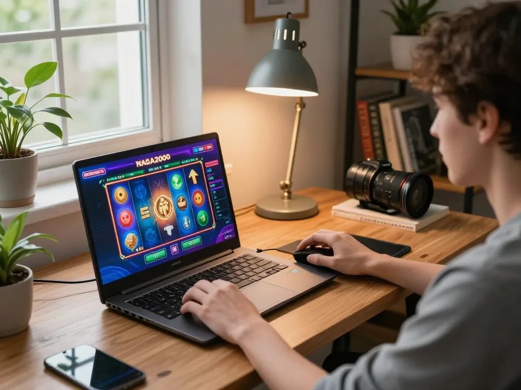 NAGA2000 user engaging in online slot gaming on a laptop at home, showcasing a fun and responsible gaming atmosphere.