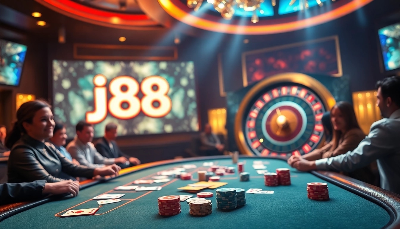 j88 logo featured prominently at a high-stakes poker table, capturing the thrill of casino gambling.