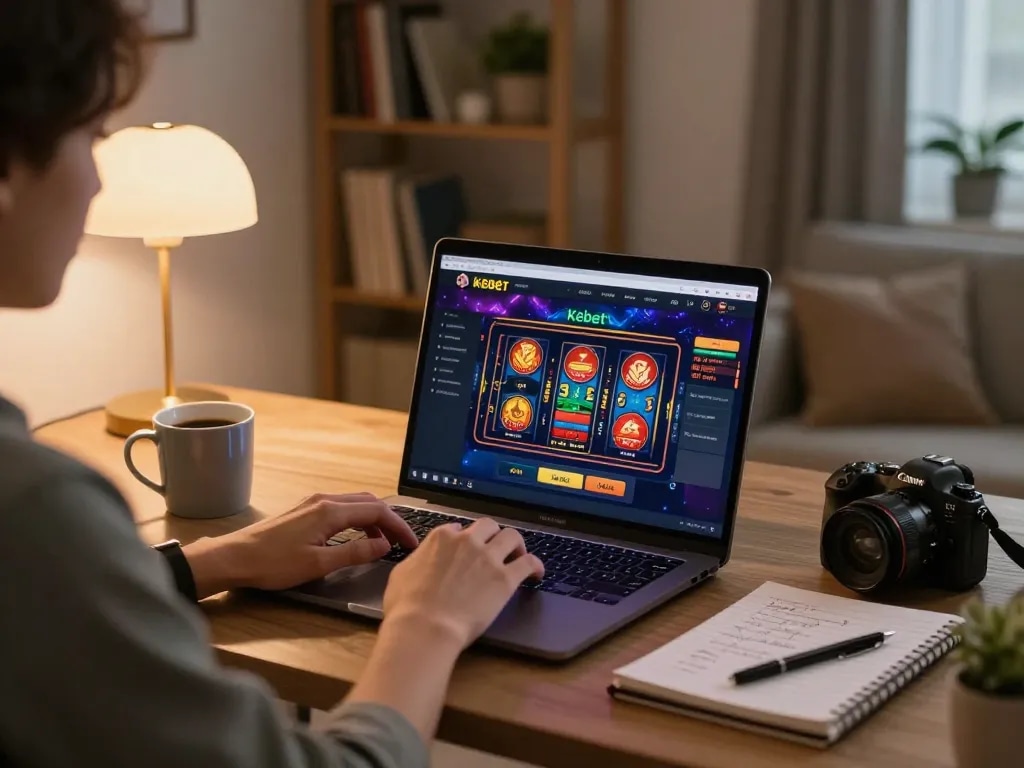 Kebet plataforma online gaming session on laptop with strategic setup.