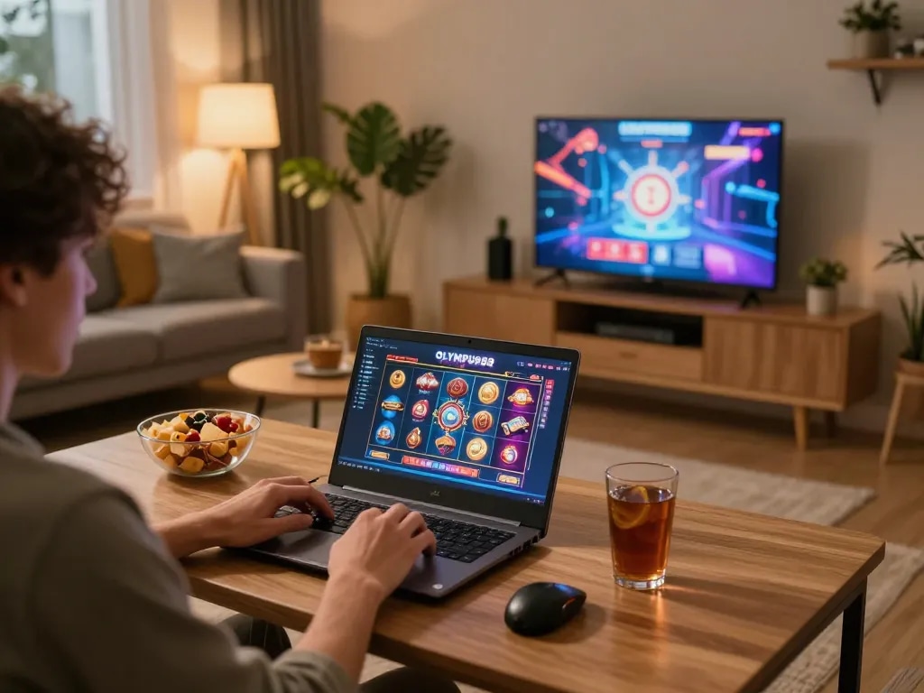Engaging player focused on OLYMPUS88 online slots in a cozy home gaming setup.