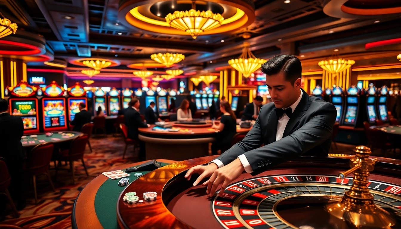Exciting casino scene at 188bet showcasing players at roulette and slot machines, highlighting the gambling thrill.