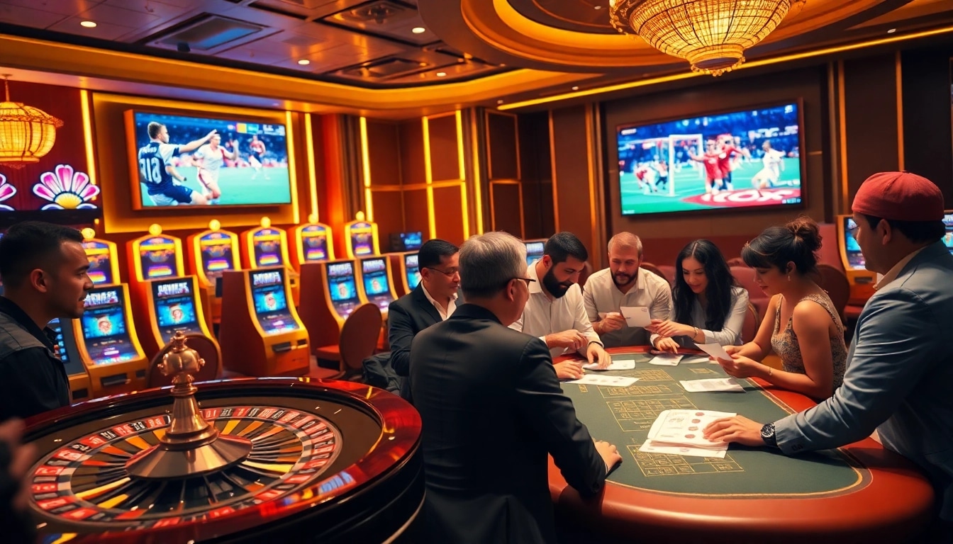 Exciting แทงบอลโลก betting in a luxurious casino with roulette and football action.