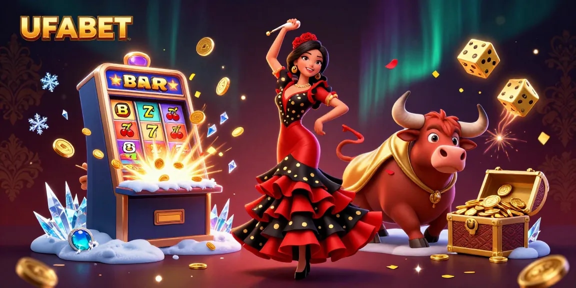 Experience thrilling wins at UFABET with a vibrant 3D casino scene featuring a flamenco dancer and a bull.