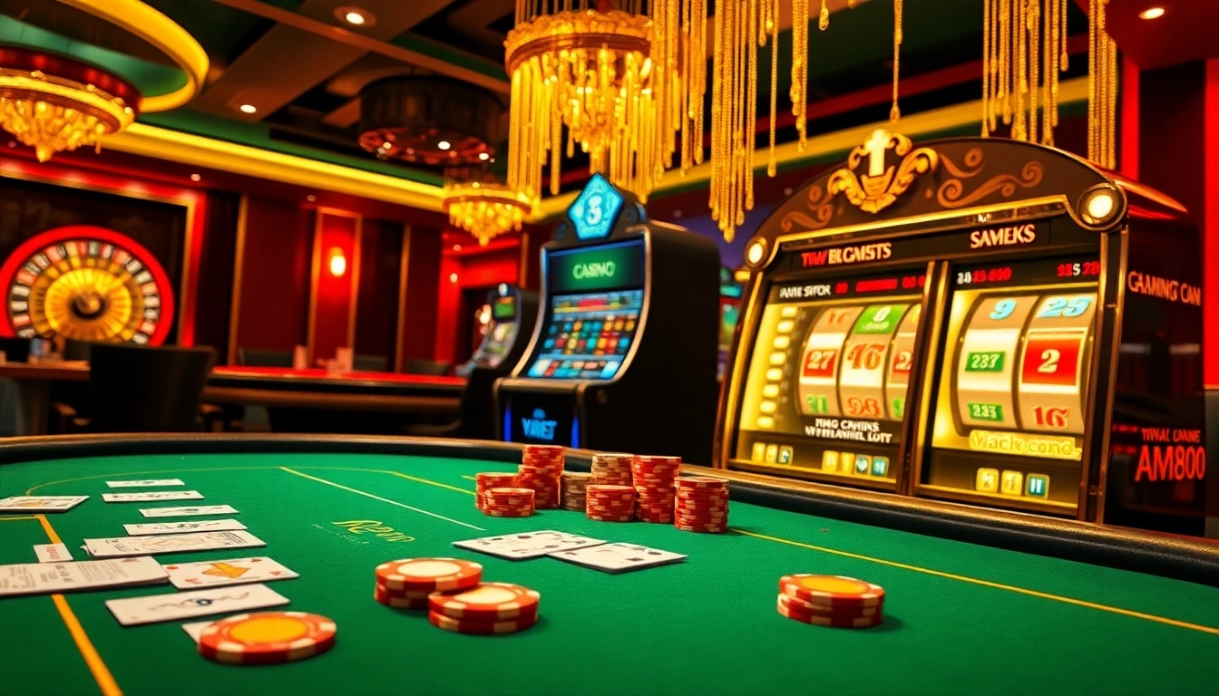 Experience the thrill of MM88 online gambling with a luxurious casino scene featuring poker tables and slot machines.