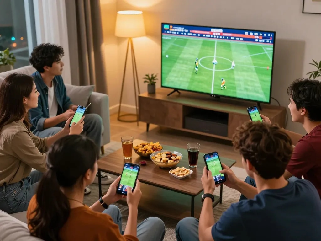 Tỷ Lệ Bóng Đá action captured as friends place bets during a live football match in a lively home setting