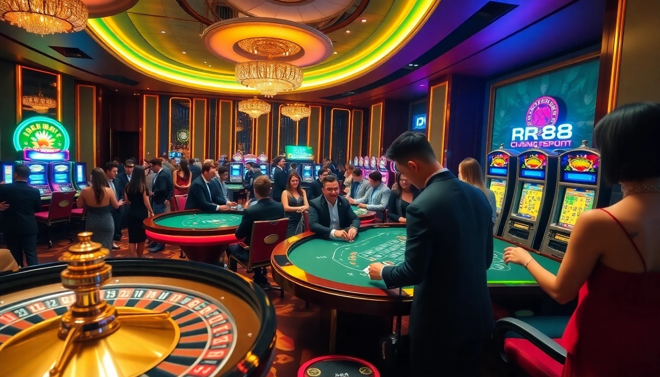 Excited gamblers at Nhà Cái RR88 playing roulette and poker in a vibrant casino.