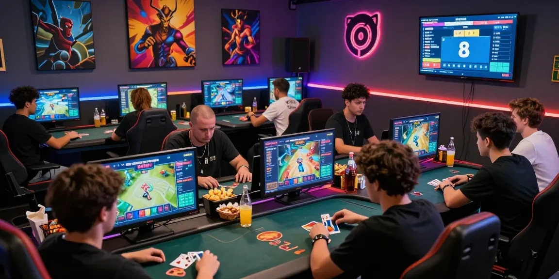 Suasana permainan game online 68gb yang penuh semangat dengan pemain terlibat dalam permainan kartu.