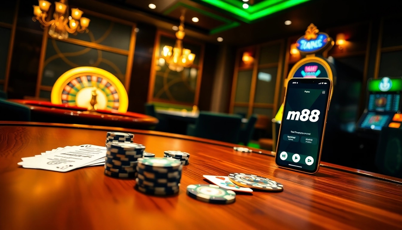 Experience the excitement of m88 with stunning casino visuals featuring cards and chips.