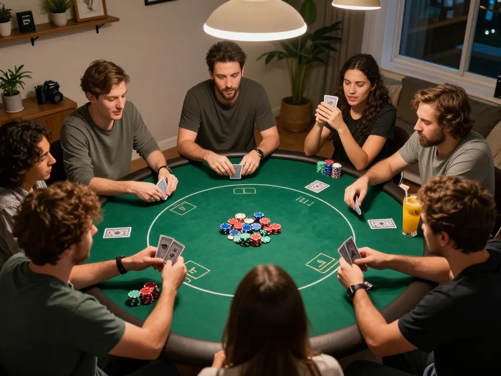 Friends enjoy a thrilling poker night playing at home with dn88-inspired strategies, showcasing chips and cards.