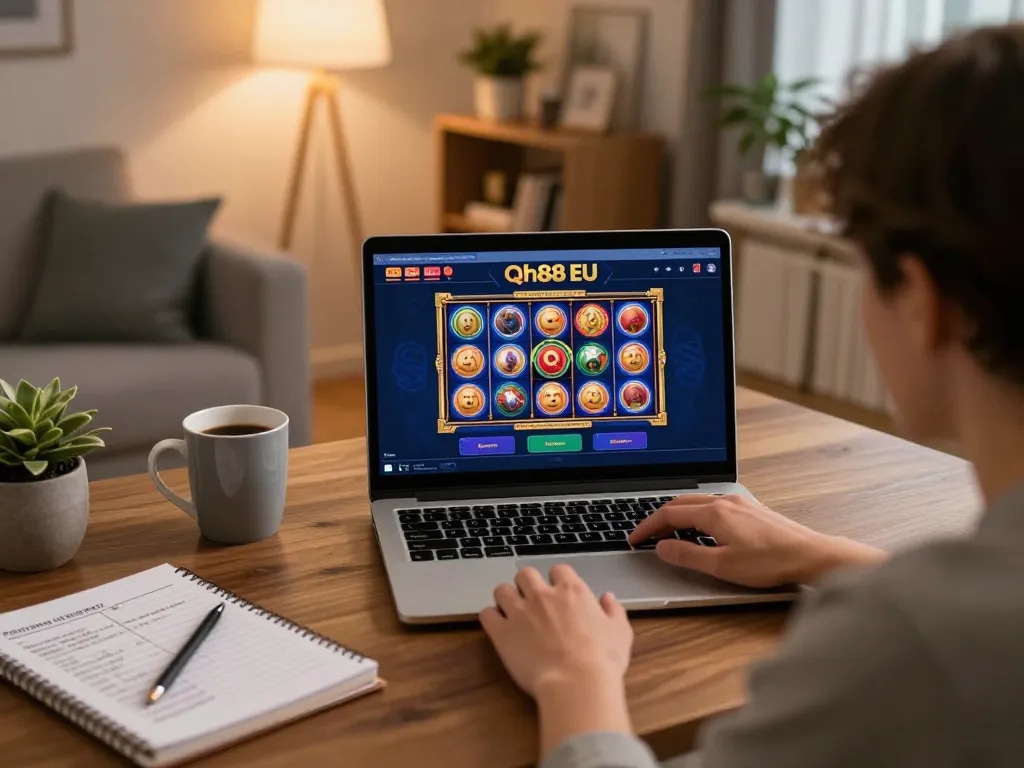 Engaged player enjoying Qh88 EU online casino gaming at home, showcasing slots interface.