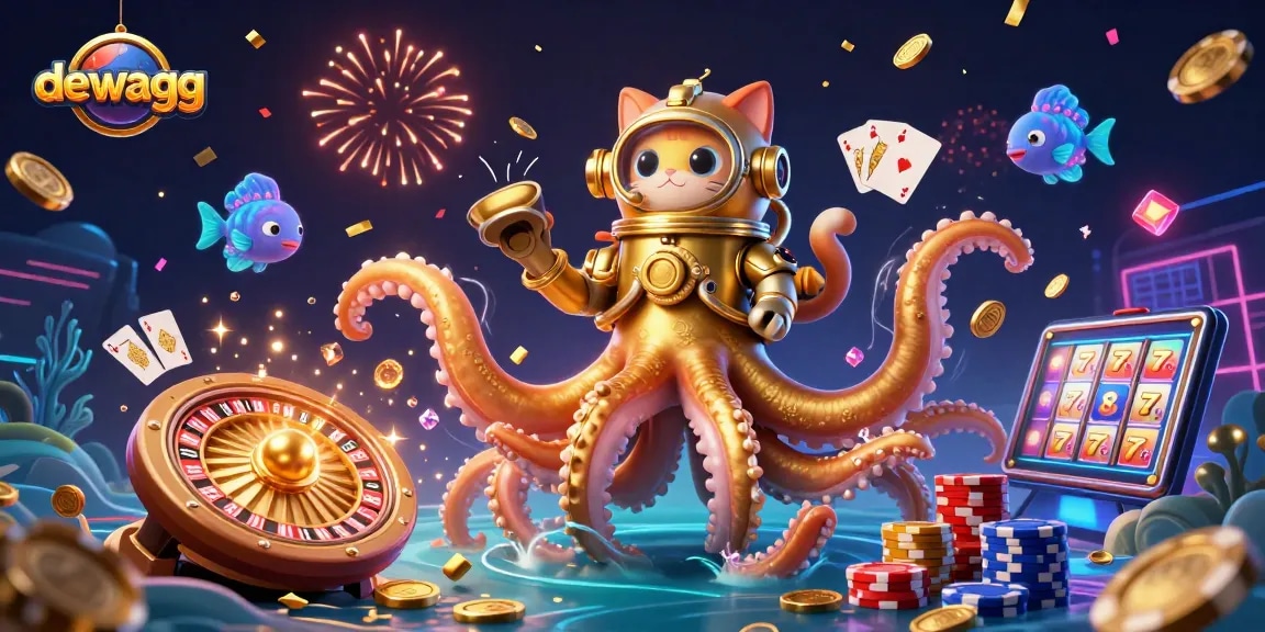 Dewagg players spin the roulette wheel amid cascading coins and exciting game elements in a vibrant casino setting.