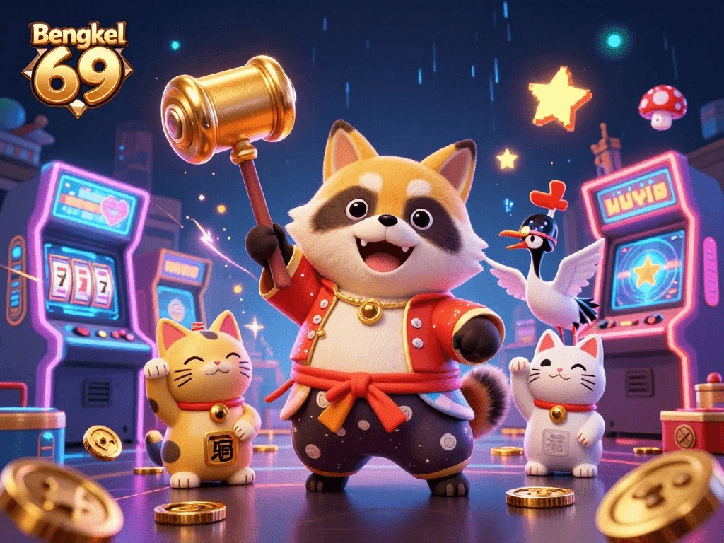 Bengkel 69 welcomes players to a vibrant slot game world with animated characters and arcade elements.