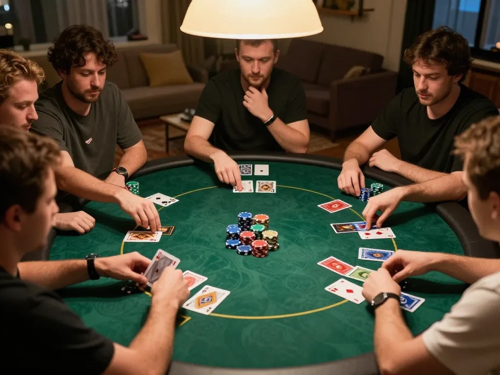 Players intensively engaged in a Texas Hold'em game on badak178, showcasing strategic chip placements and cards.