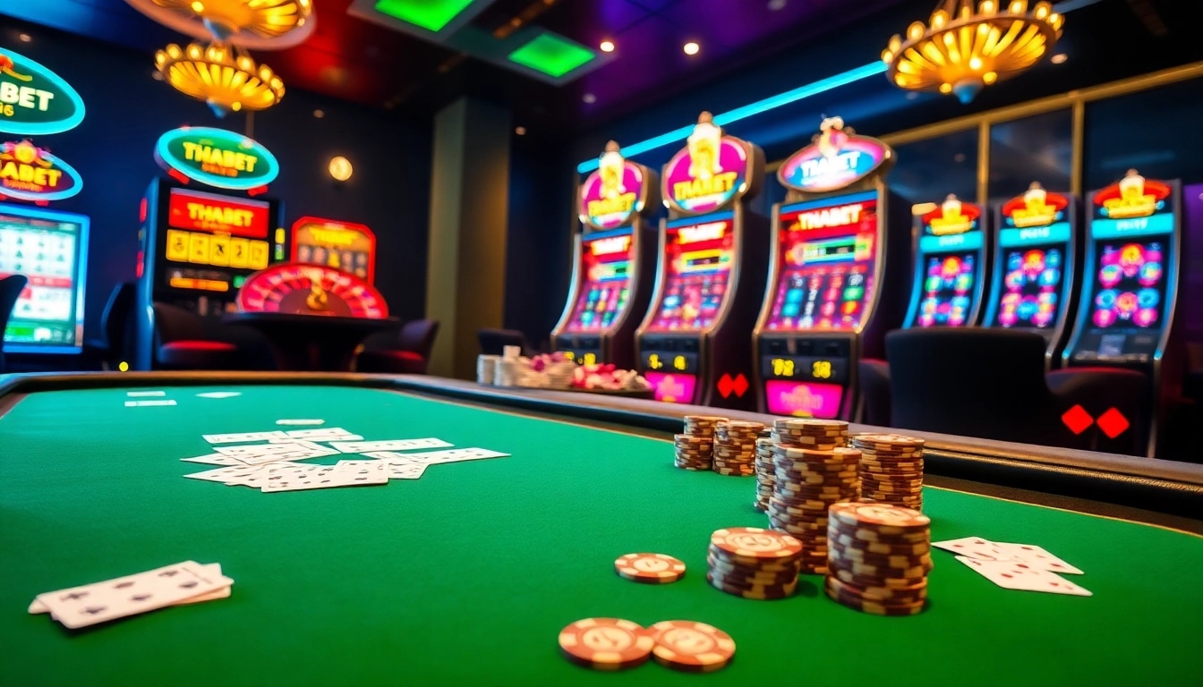Thrilling THABET casino gaming experience with poker chips and roulette wheel.