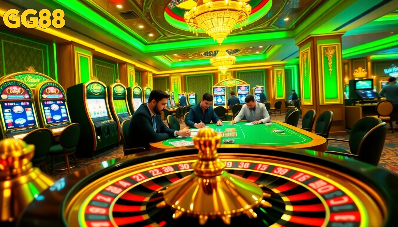 Players engage in a thrilling poker game at GG88's luxurious casino setting, showcasing excitement and high stakes.