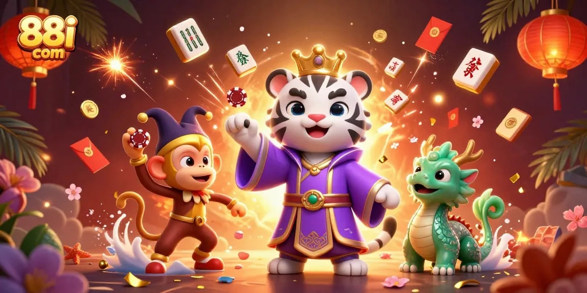 Experience fun at 88i com with a tiger, monkey, and dragon enjoying a vibrant casino atmosphere.