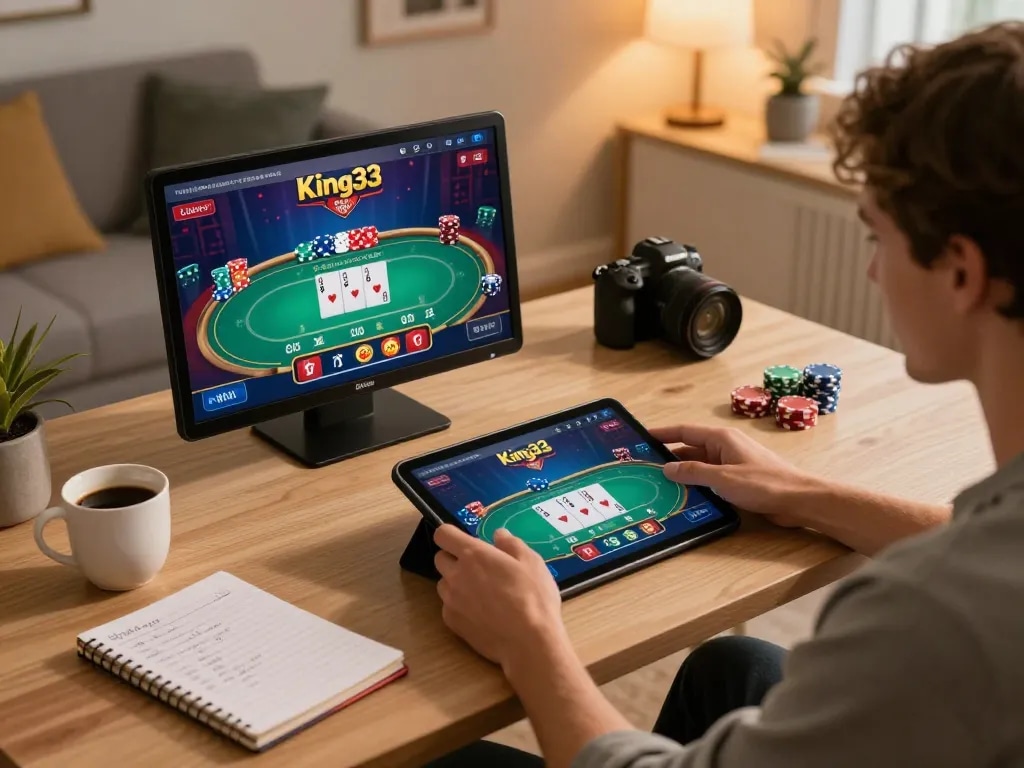 Engaged player using King33 app for online casino gaming at home, showcasing a strategic betting setup with notes.