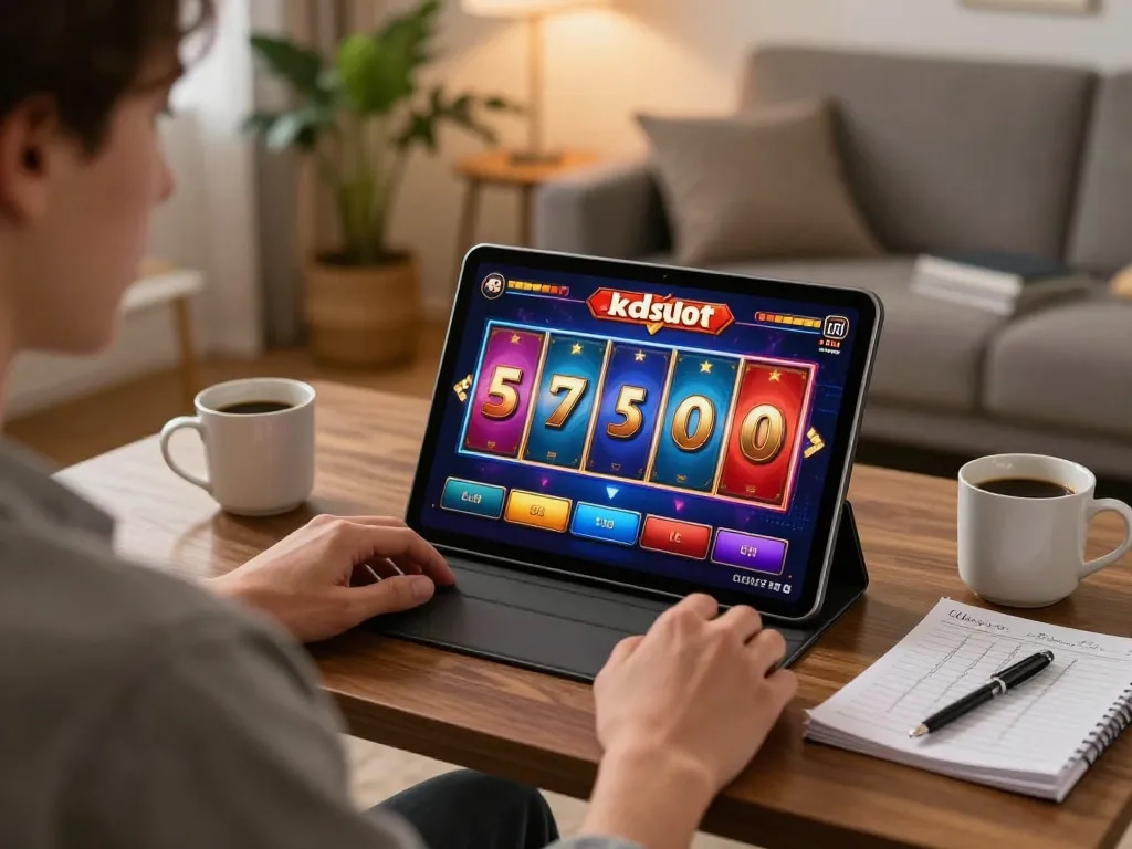 Engaging in online kdslot gaming with vibrant visuals, showcasing a tablet setup and cozy atmosphere.