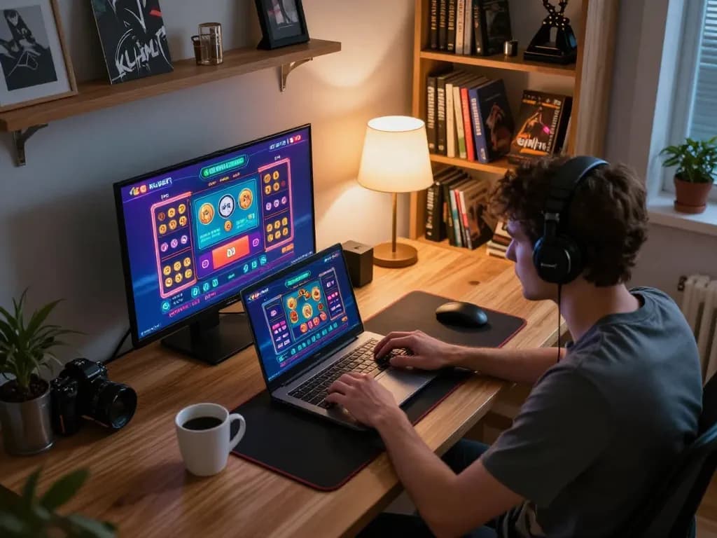 Engaging online kubet casino scene with player focused on gaming strategy during a cozy evening