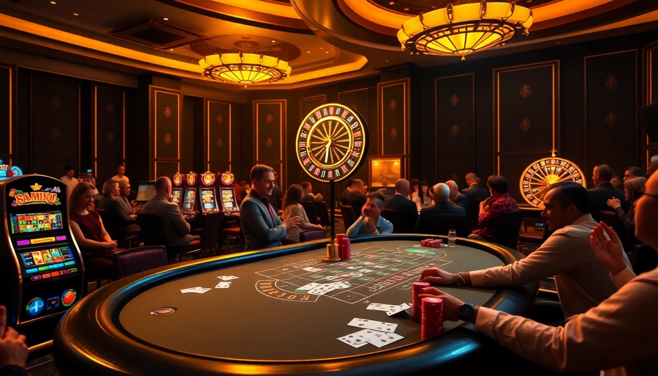Situs apiraja88 immersive gaming scene with players at a vibrant poker table and spinning slot machines