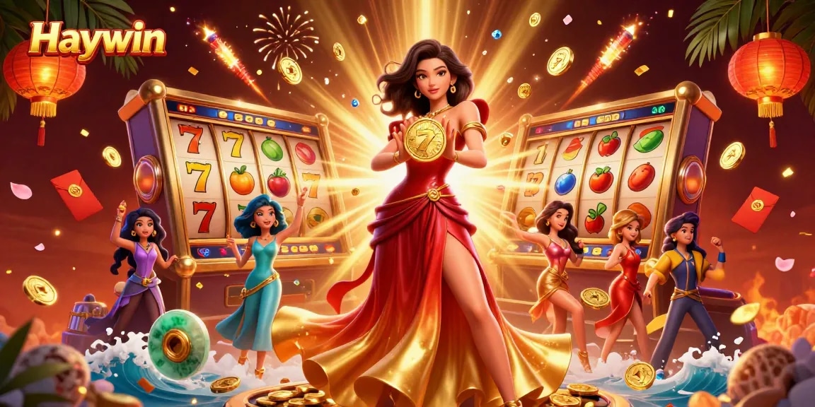 Experience the excitement of Haywin as the gorgeous woman holds a golden coin amidst dynamic casino elements.